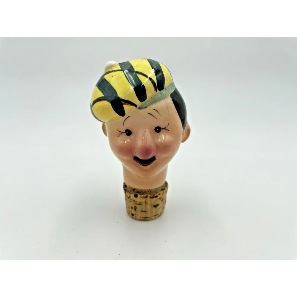 Vintage Man w/Yellow Golf Hat Ceramic Cork Liquor Bottle Stopper‎ Wine Pourer